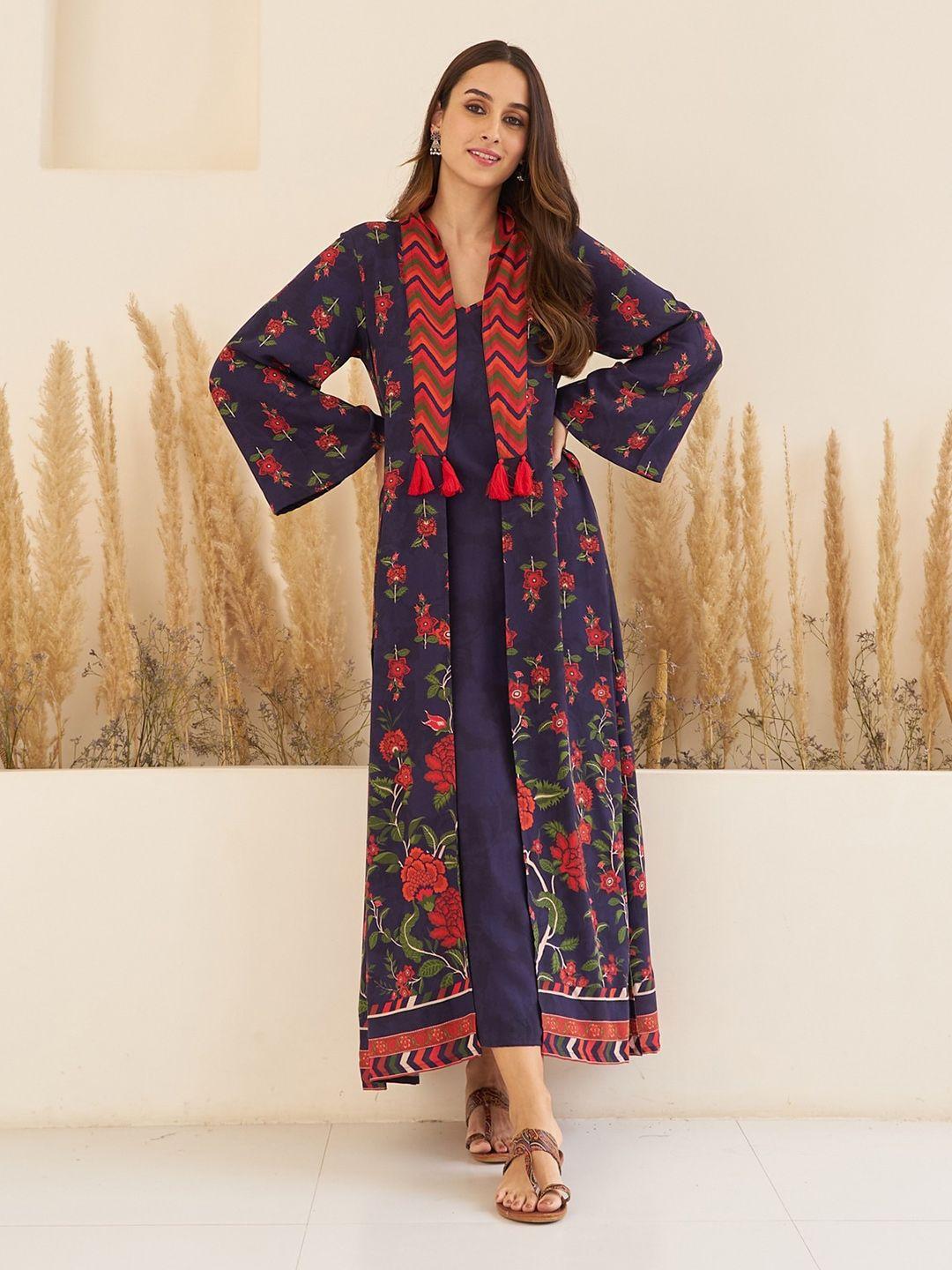 rustorange navy blue ethnic motifs print maxi dress