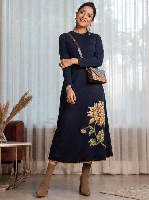 rustorange navy printed a-line dress