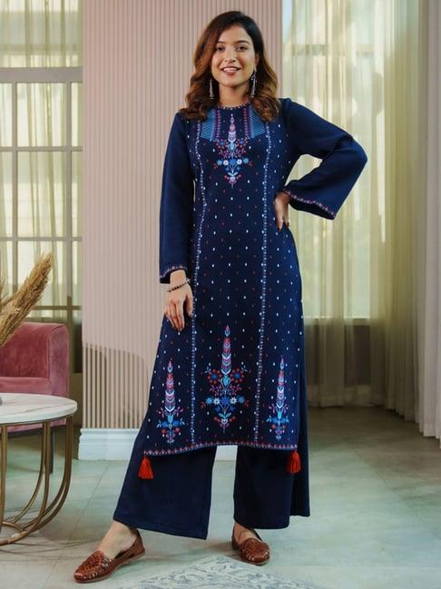 rustorange navy printed straight kurta