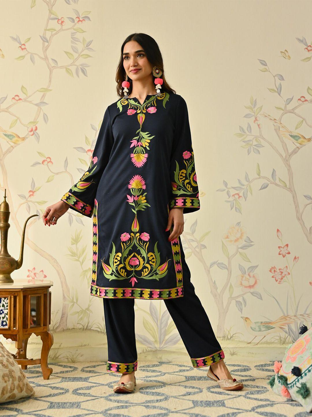 rustorange notch neck long flared sleeves paisley embroidered straight kurta with trouser