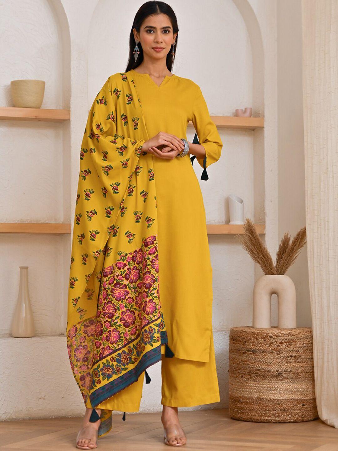 rustorange notched neck straight kurta with palazzos & dupatta