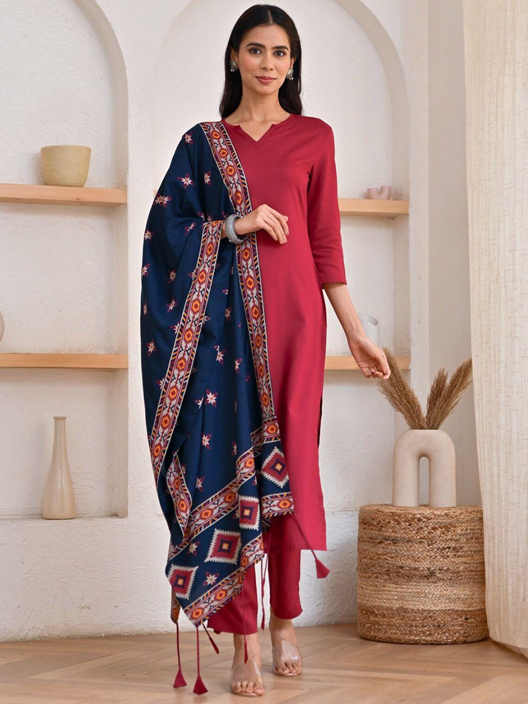 rustorange notched neck straight kurta with trousers & dupatta