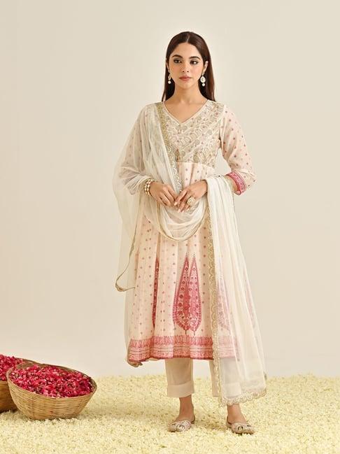 rustorange off-white embroidered kurta with pant & dupatta