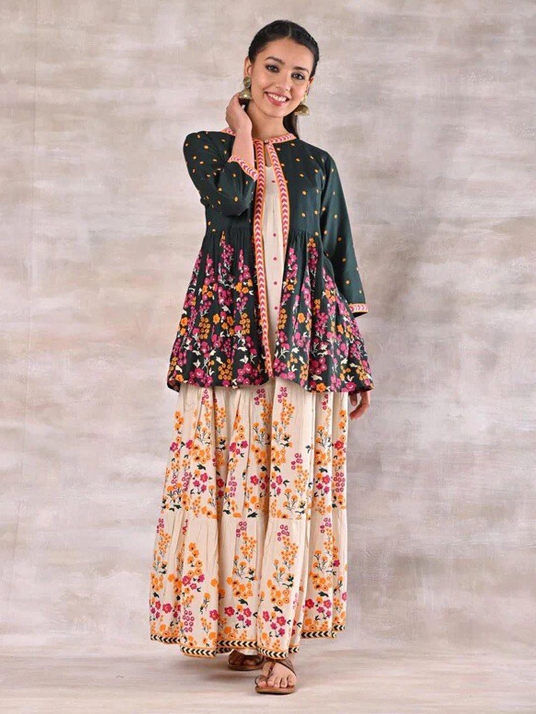 rustorange off white floral rayon ethnic tiered maxi dress with shrug