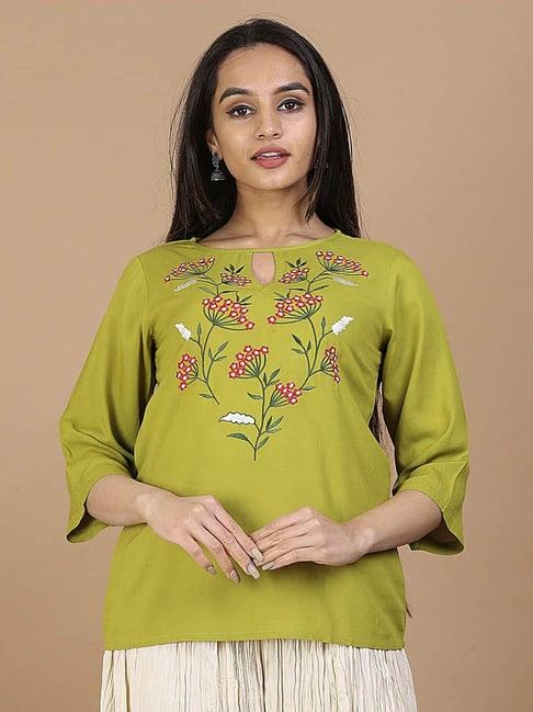 rustorange olive embroided panelled top