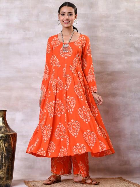 rustorange orange printed printed kurta pant set with dupatta