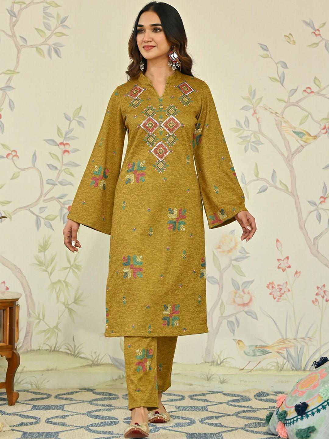 rustorange phulkari printed mandarin collar bell sleeves sequins a-line woollen kurta