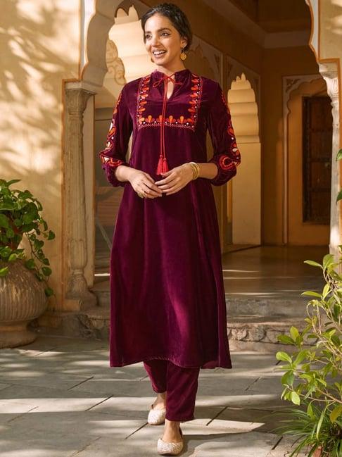 rustorange pink embroidered a line kurta