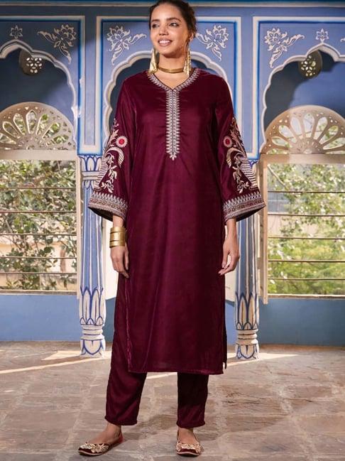 rustorange pink embroidered straight kurta