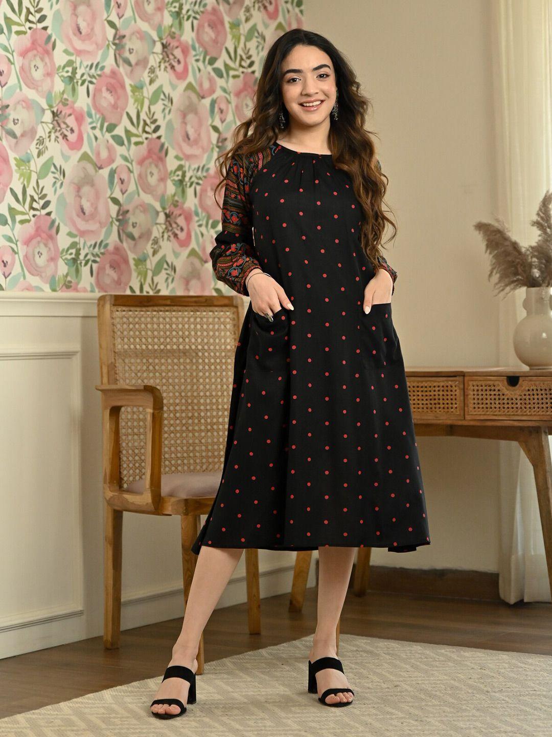 rustorange polka dots printed  a-line midi dress