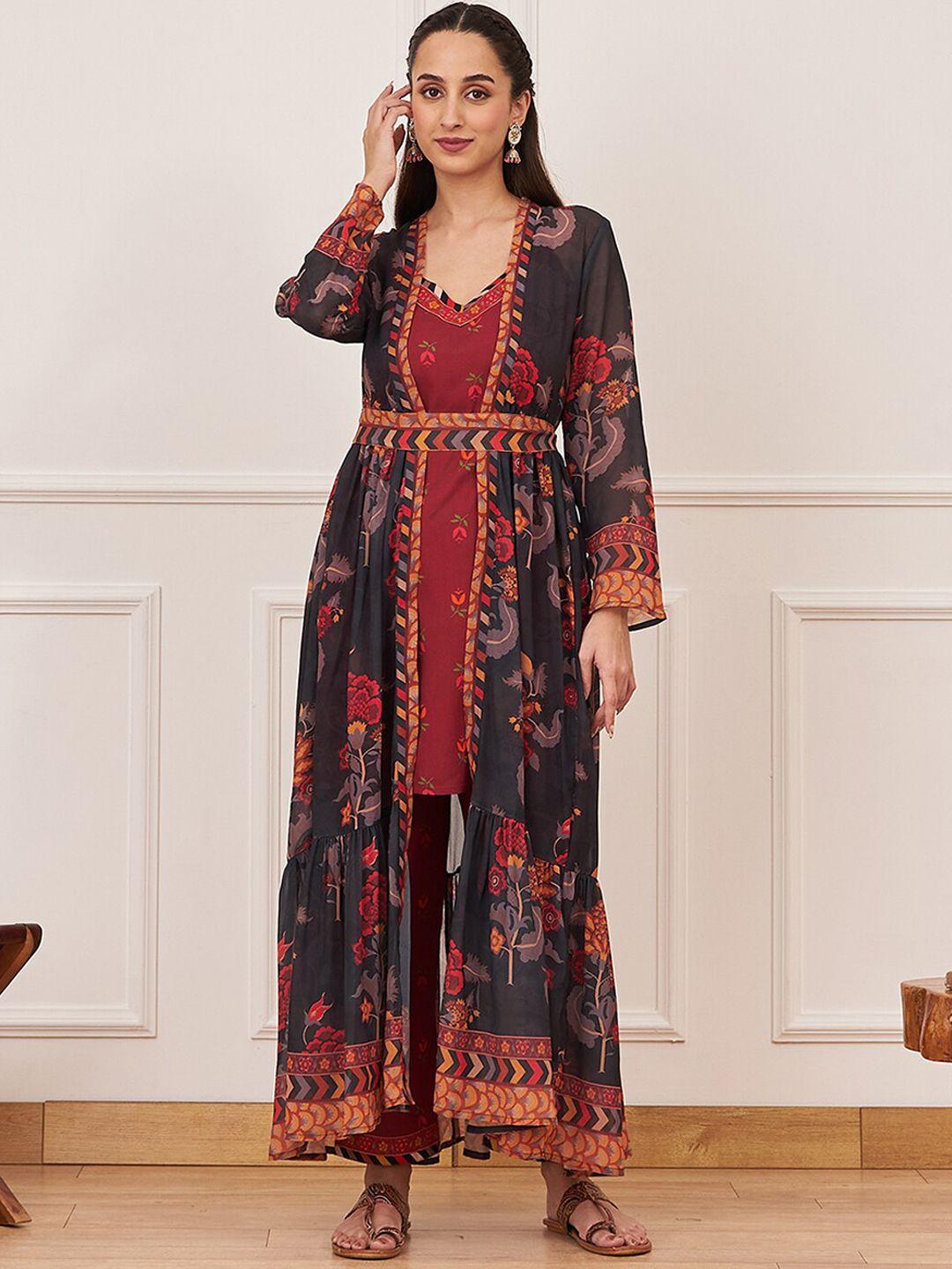 rustorange printed tunic & trousers with shrug