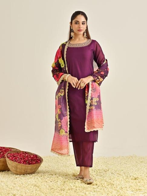 rustorange purple embroidered kurta with pant & dupatta