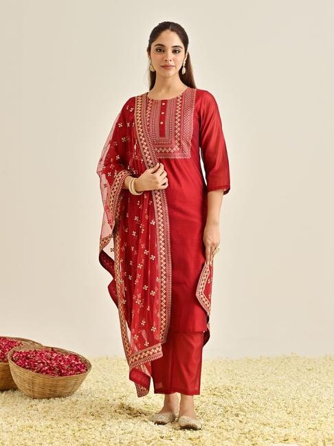 rustorange red embroidered kurta with pant & dupatta