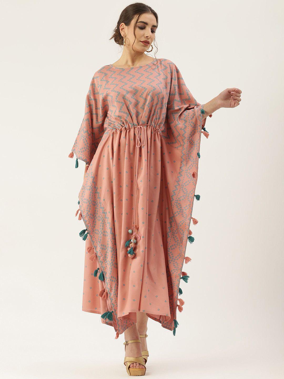 rustorange rose & blue bandhani printed midi kaftan dress