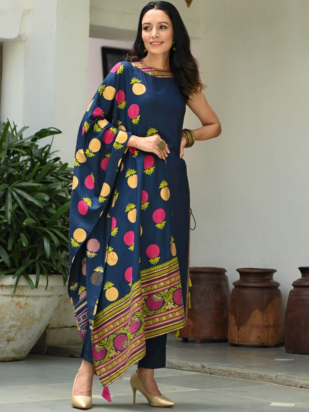 rustorange round neck sleeveless floral printed straight kurta with trousers & dupatta