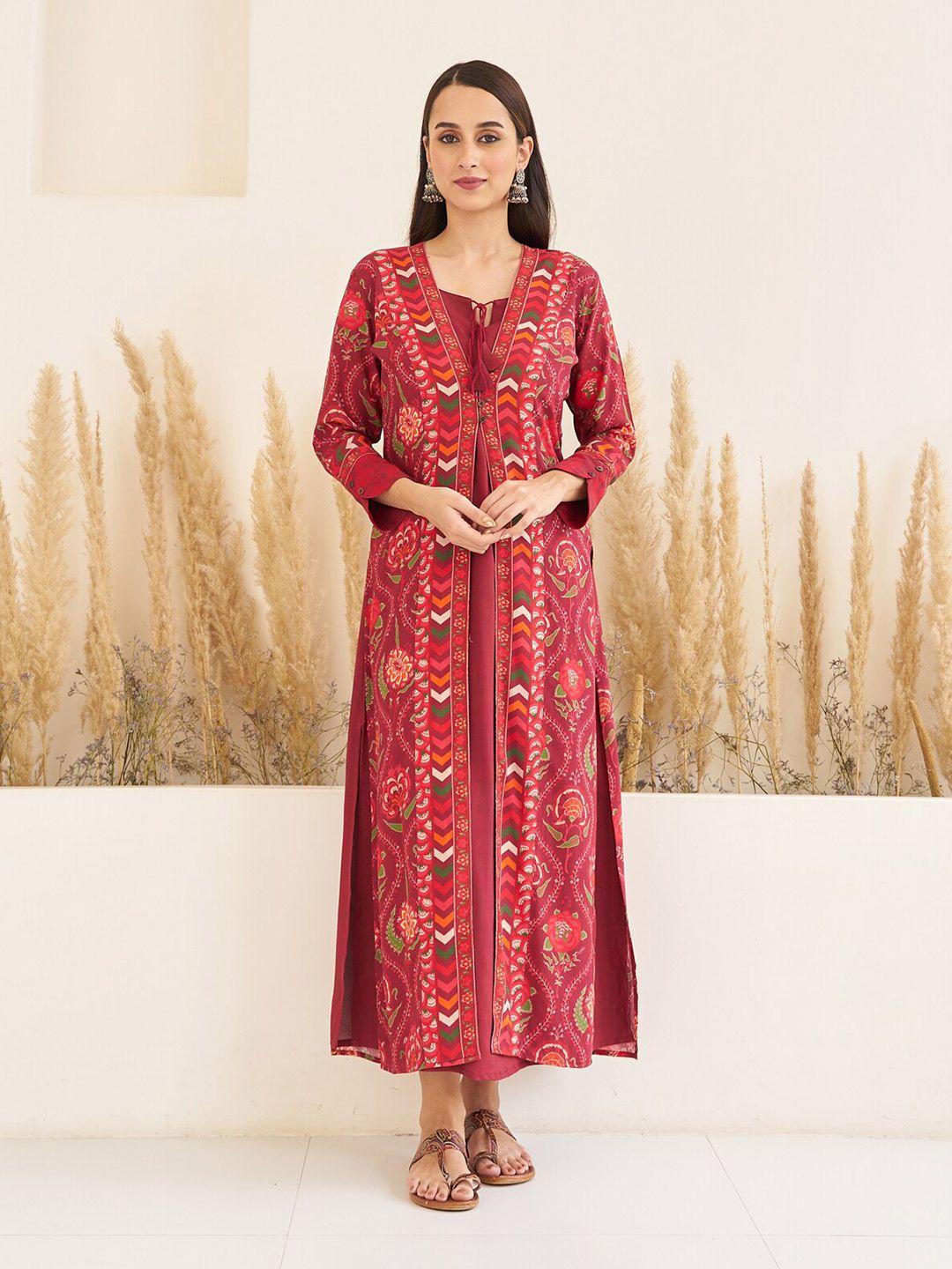 rustorange side slit a-line maxi dress with floral printed long shrug
