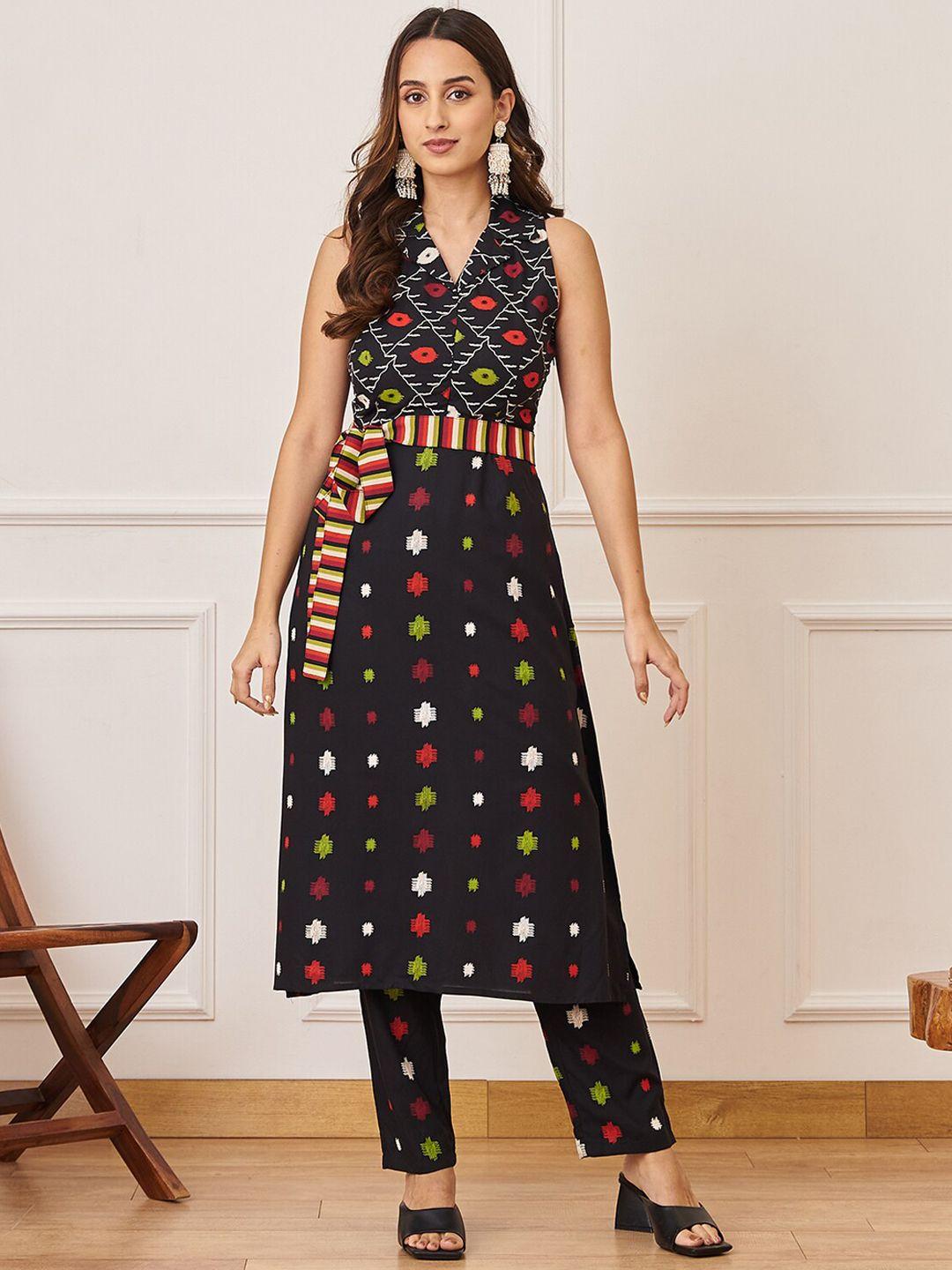 rustorange sleeveless shirt collar ethnic motifs printed kurta with trousers