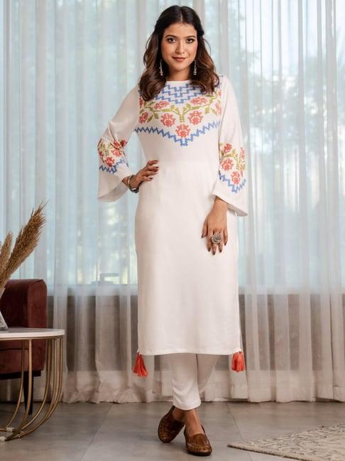 rustorange white printed straight kurta