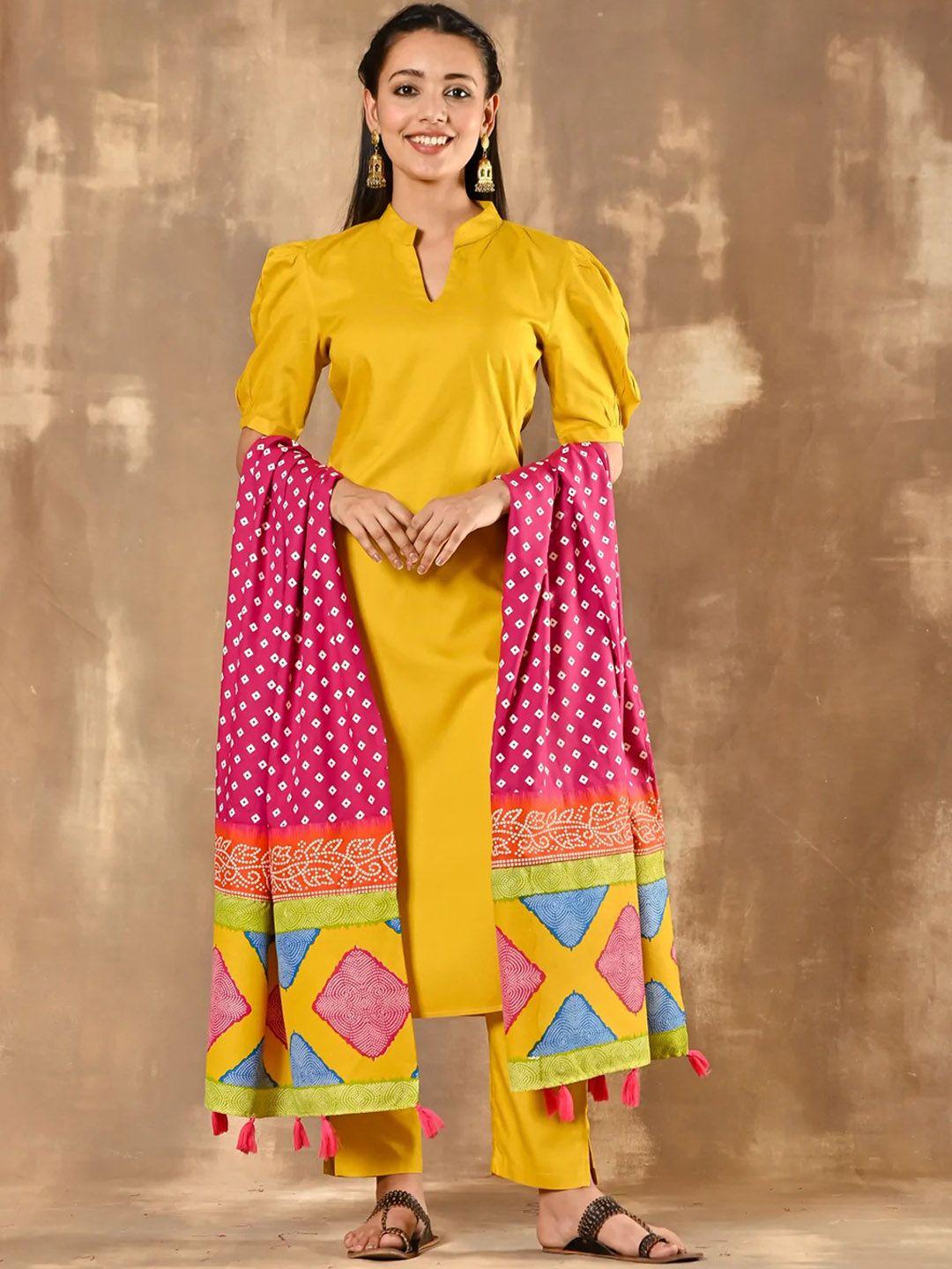 rustorange women band collar kurta with trousers & with dupatta