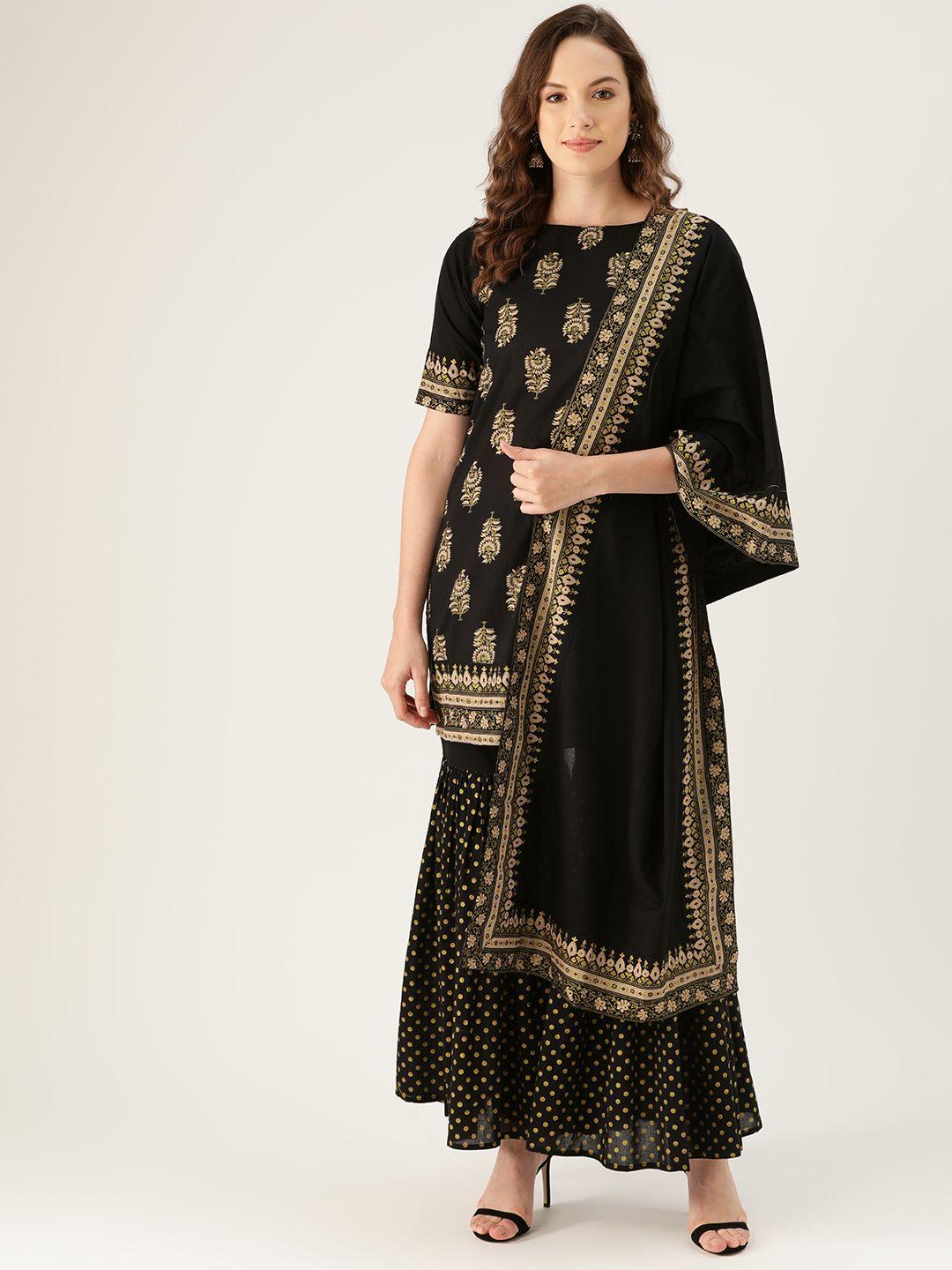 rustorange women black & golden printed kurta with sharara & dupatta