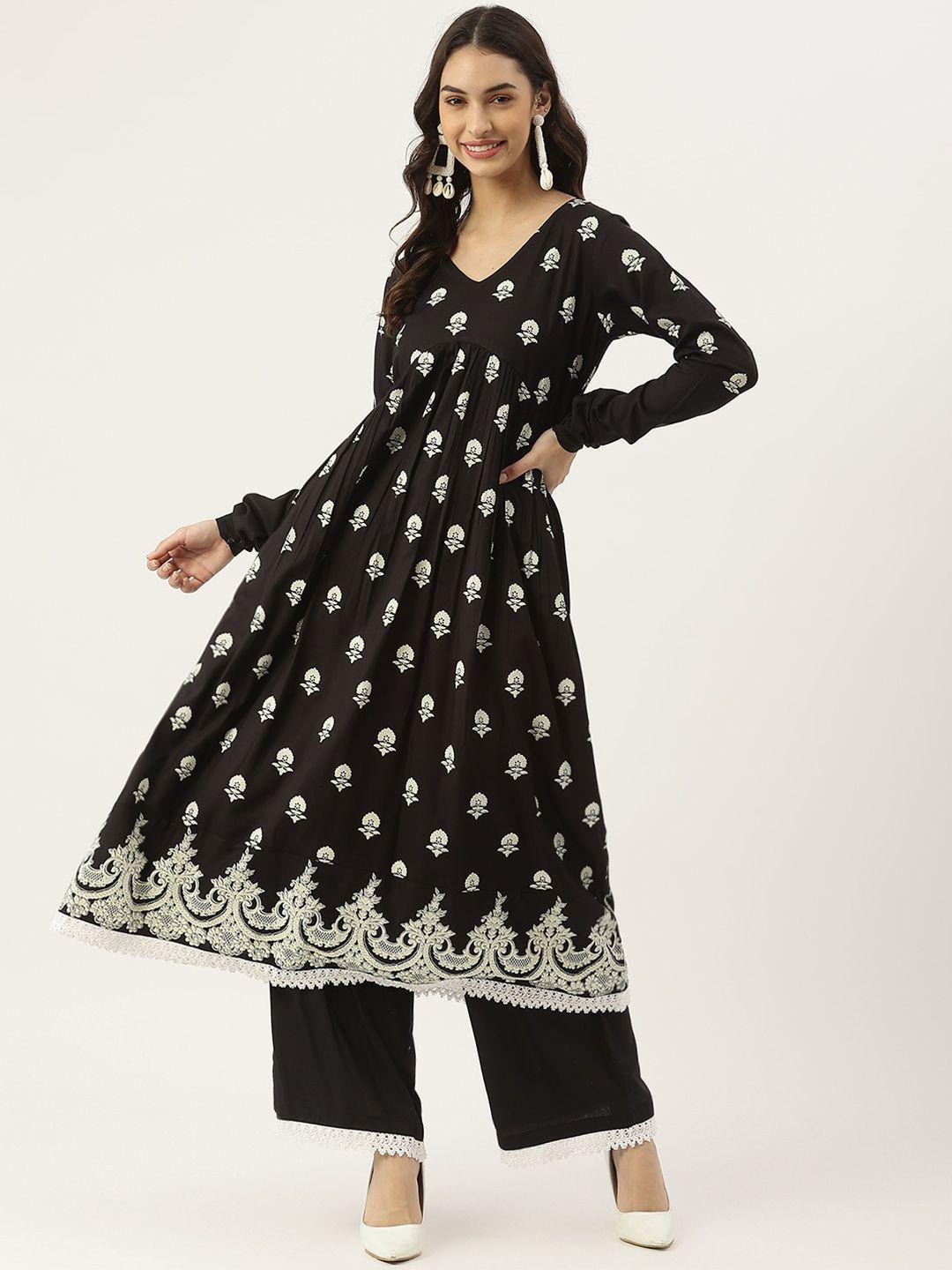 rustorange women black floral embroidered pleated kurti with palazzos & with dupatta