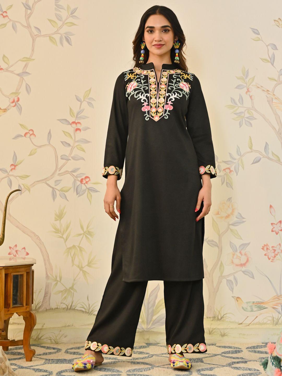 rustorange women black floral embroidered regular thread work kurta with trousers