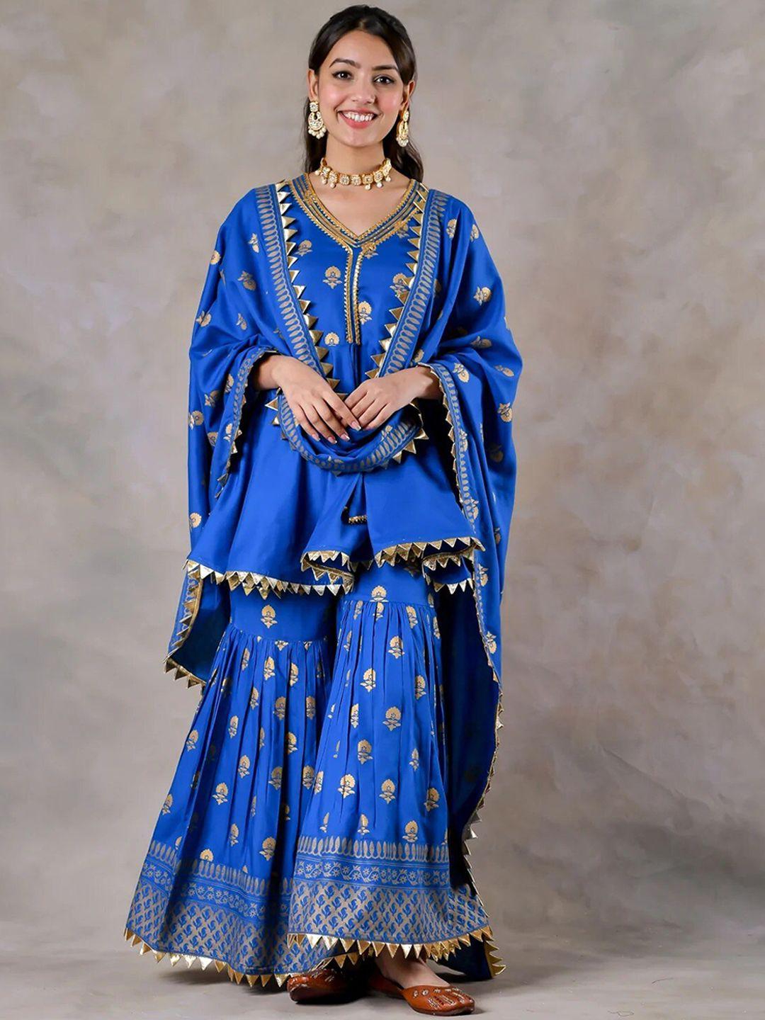 rustorange women blue floral printed panelled kurta with sharara & with dupatta