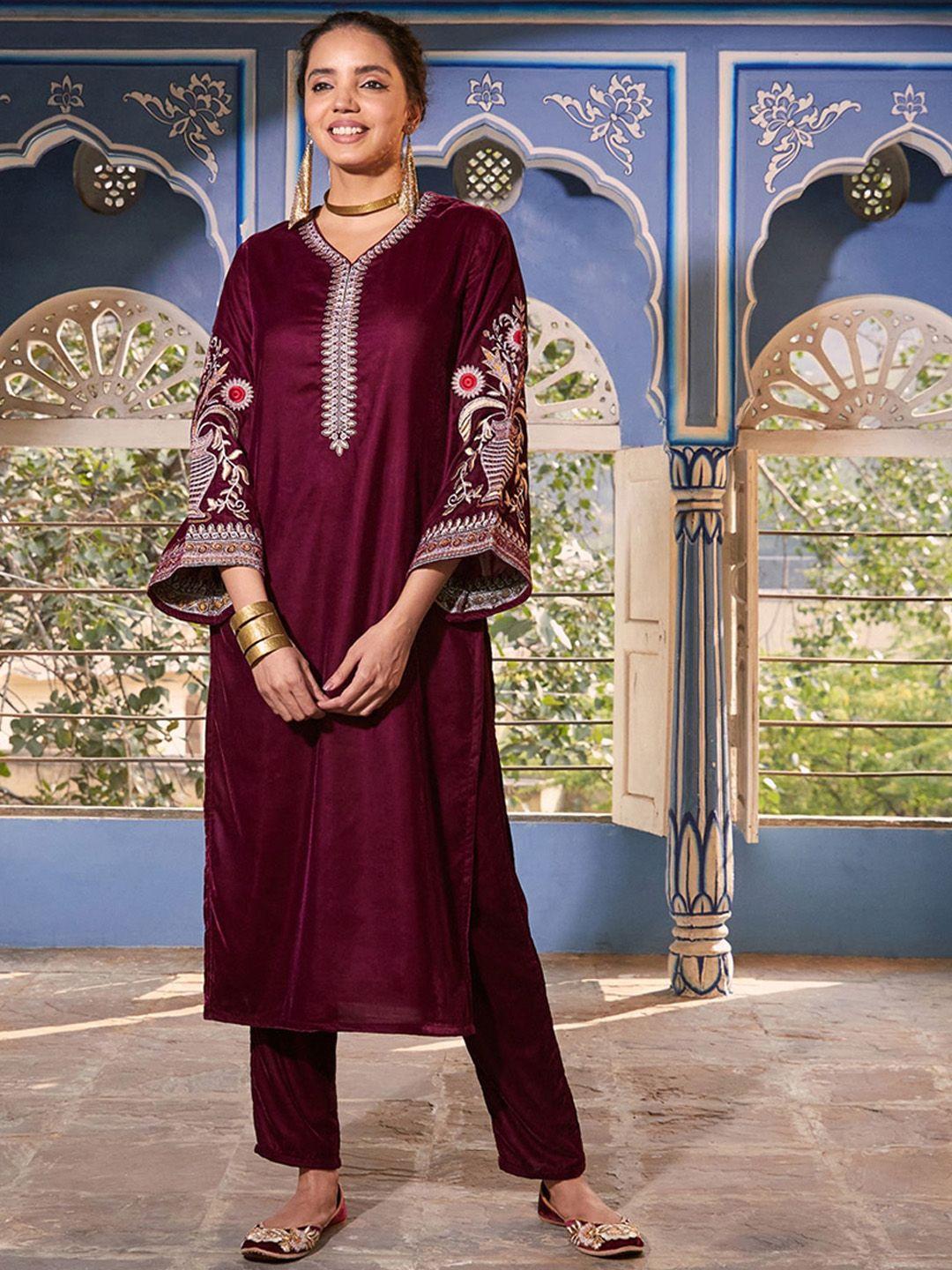 rustorange women floral embroidered flared sleeves velvet kurta