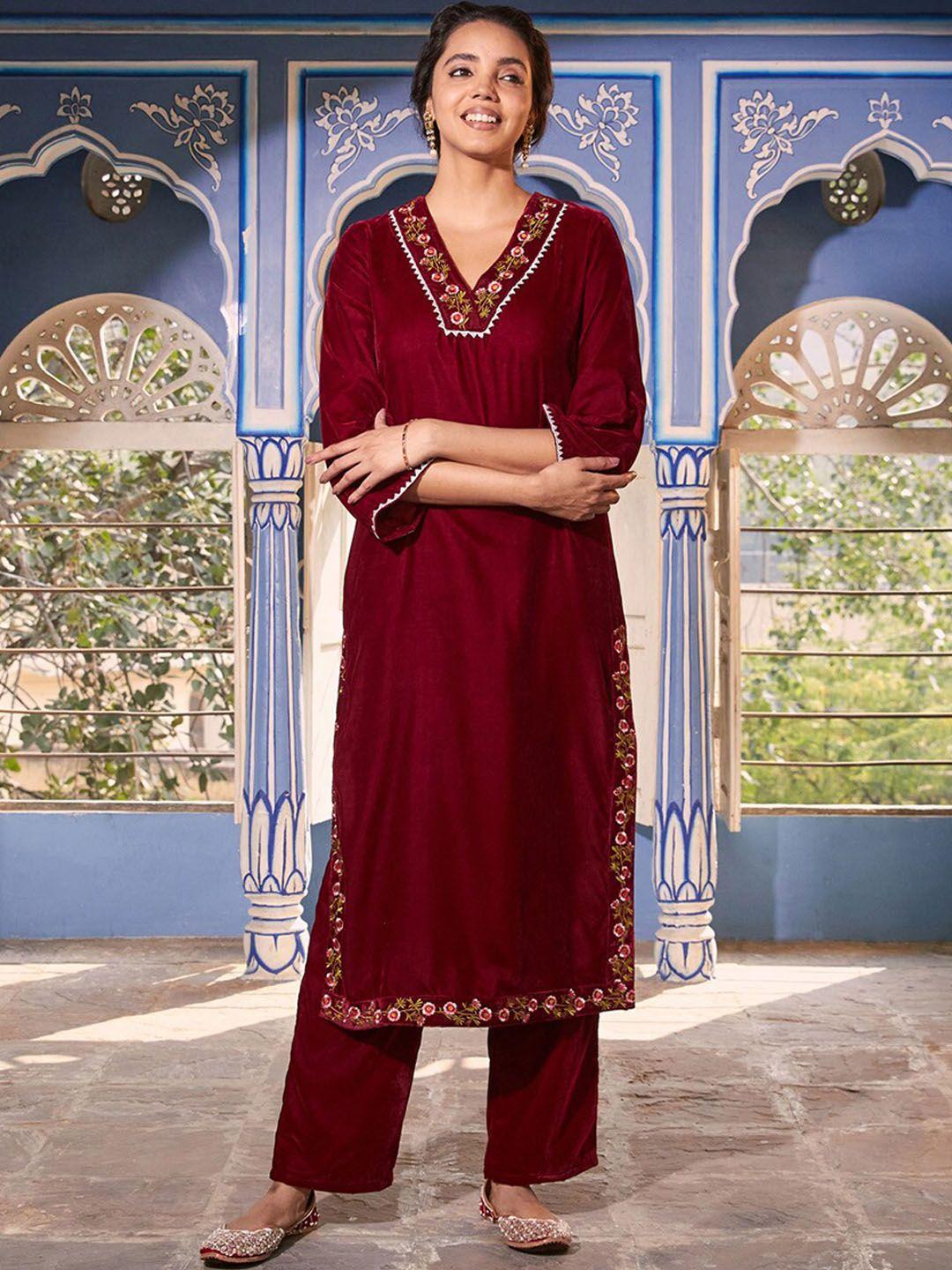 rustorange women floral embroidered gotta patti velvet kurta