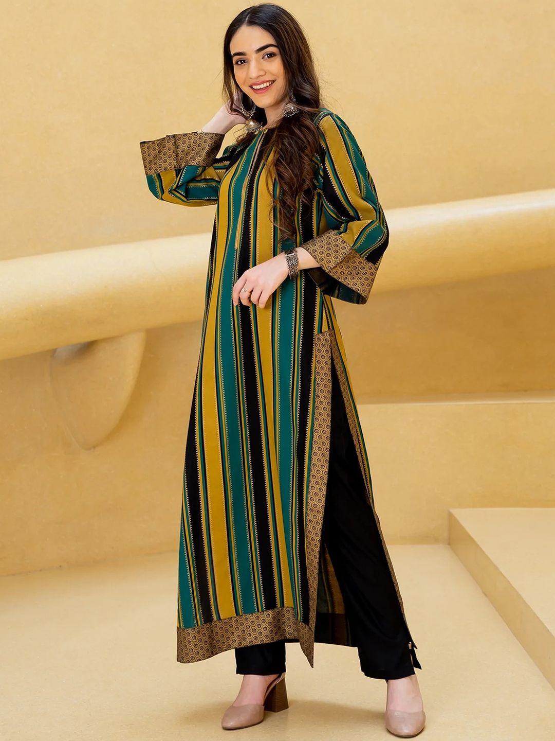 rustorange women green & yellow striped keyhole neck kurta