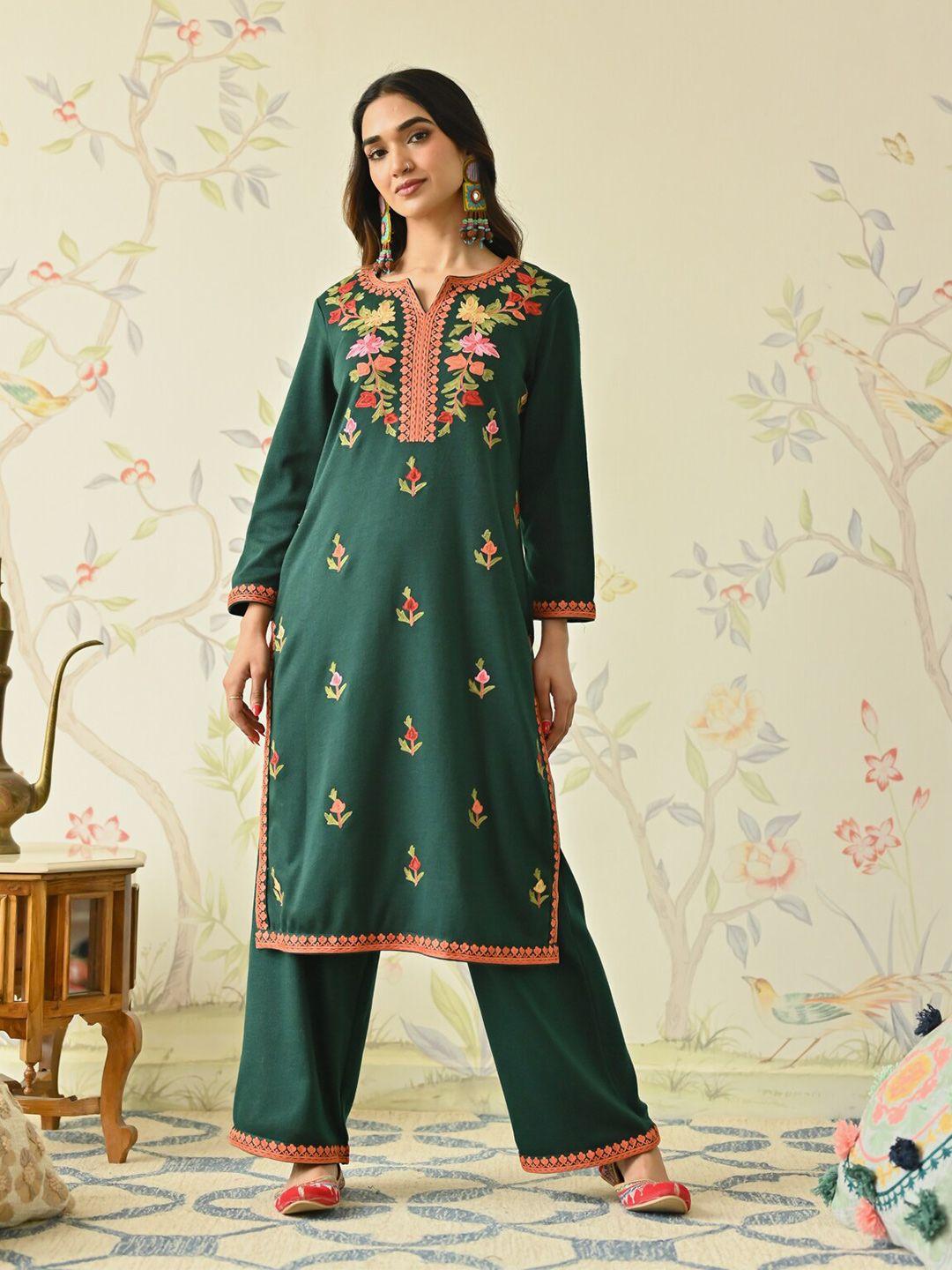 rustorange women green floral embroidered regular thread work kurta with salwar