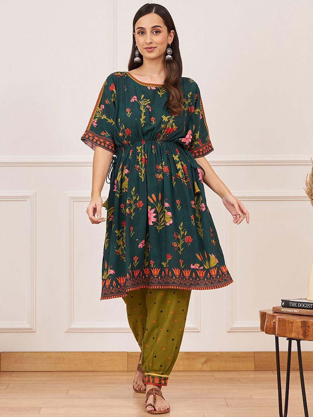 rustorange women green floral printed regular kurta with salwar