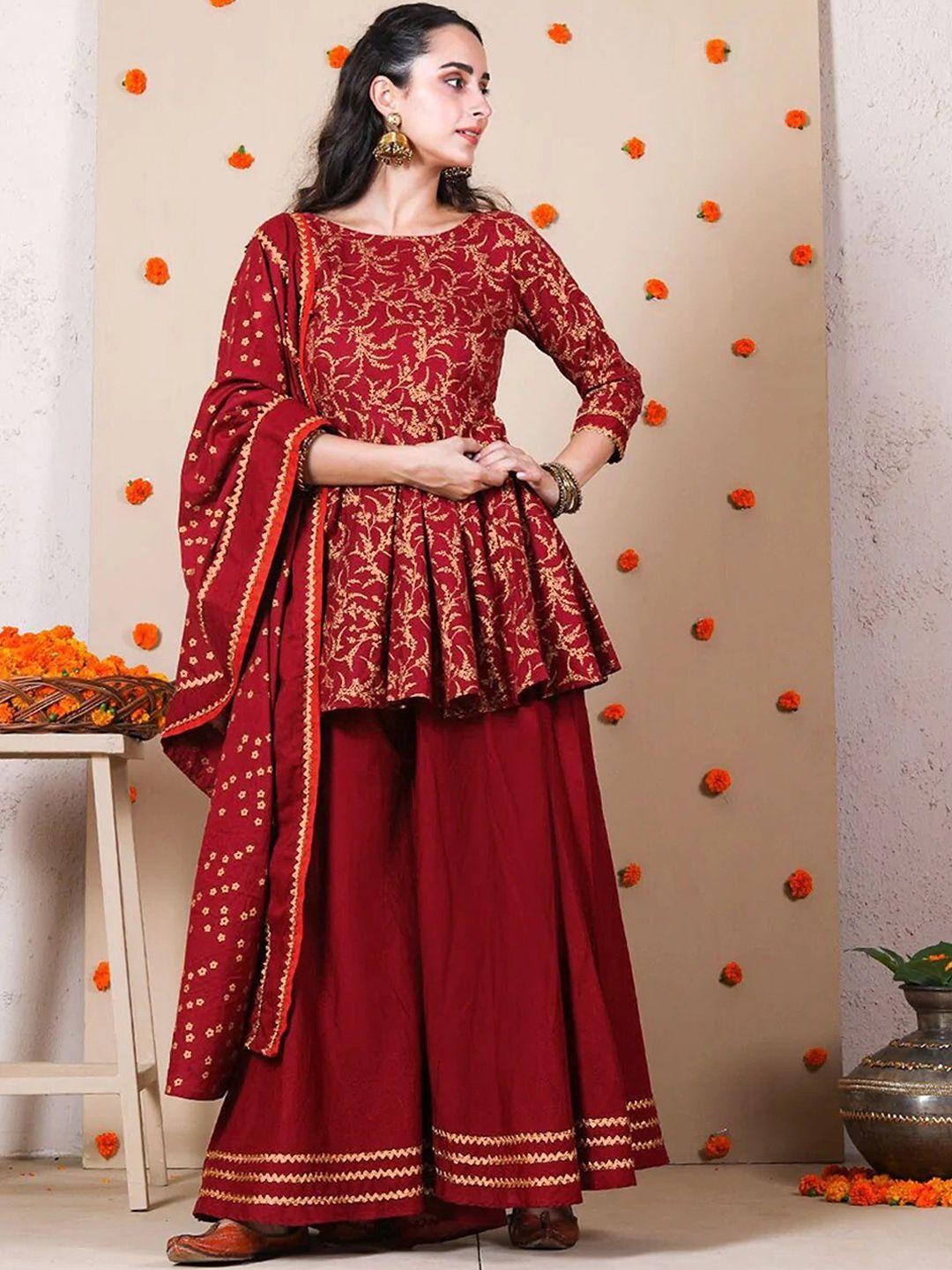 rustorange women maroon ethnic motifs printed gotta patti peplum with sharara & dupatta