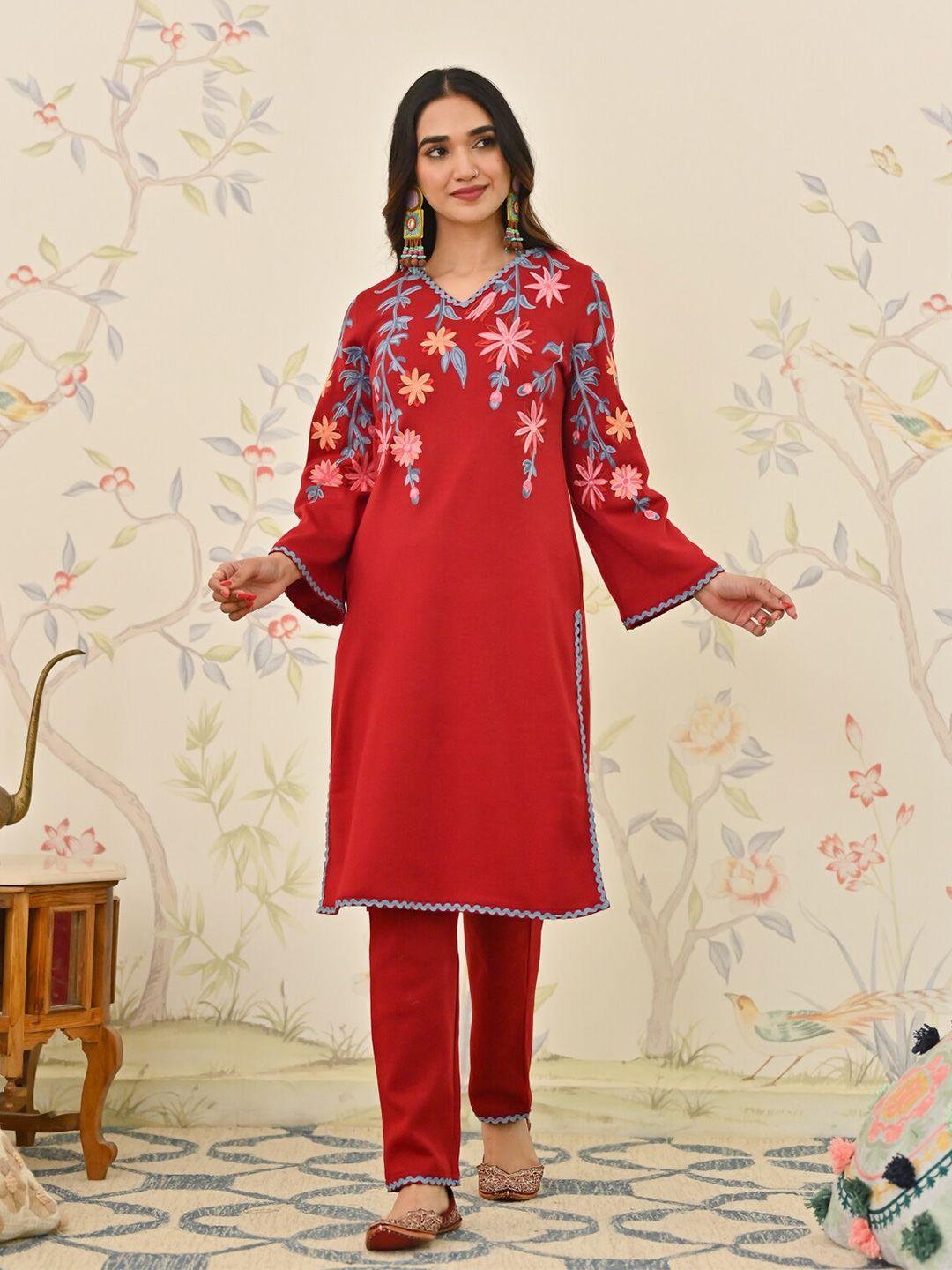 rustorange women maroon floral embroidered regular thread work kurta with trousers