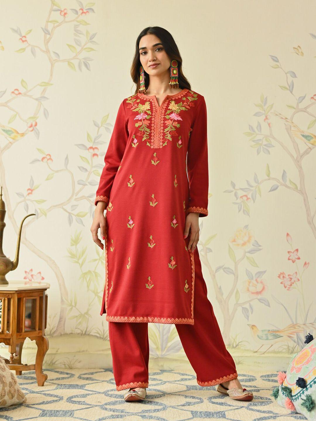 rustorange women maroon floral embroidered regular thread work kurta with trousers