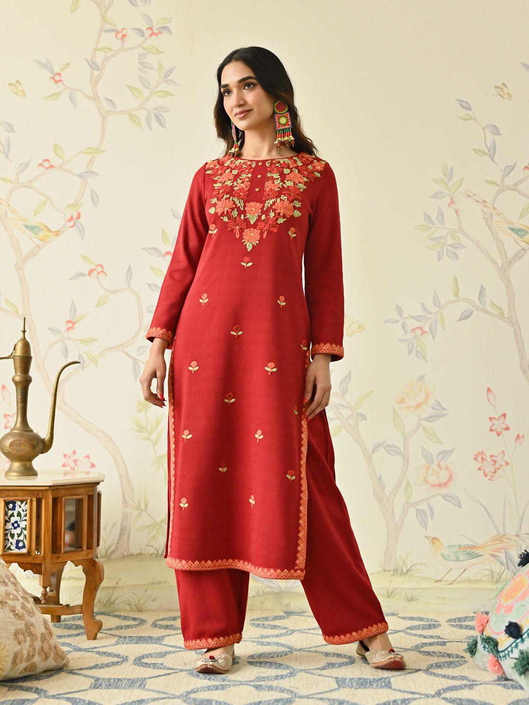 rustorange women maroon floral embroidered regular thread work kurta with trousers