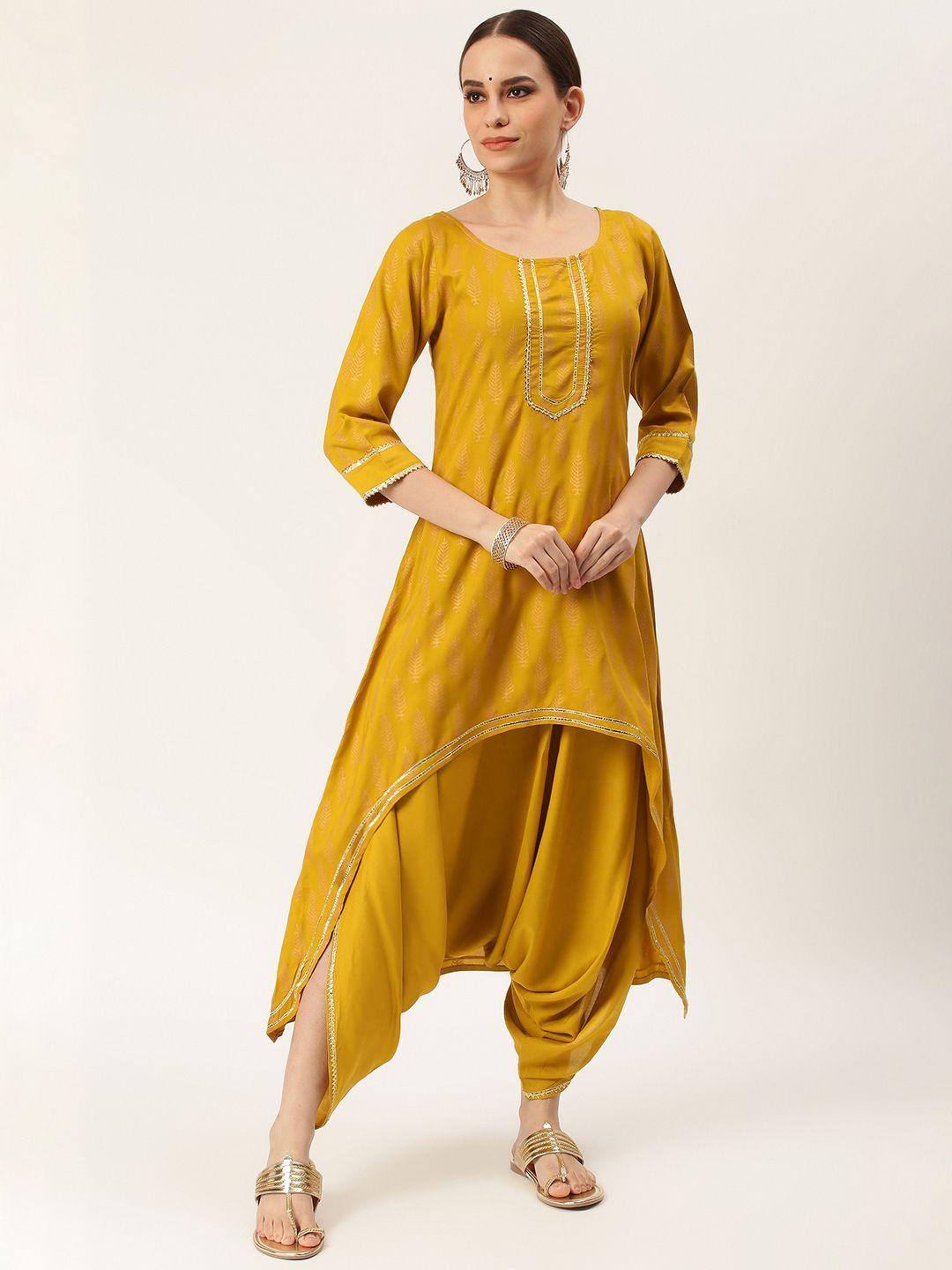 rustorange women mustard & gold-toned printed kurta with dhoti pants