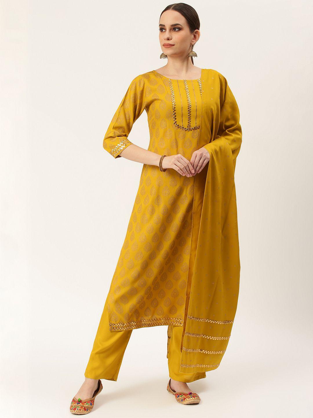 rustorange women mustard & gold-toned printed kurta with trousers & dupatta