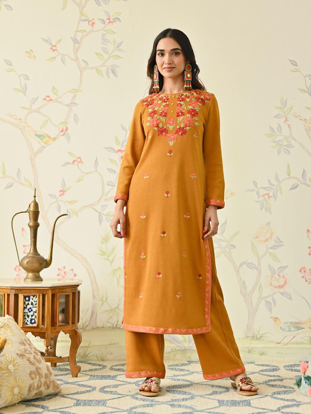 rustorange women mustard yellow floral embroidered regular thread work kurta with salwar