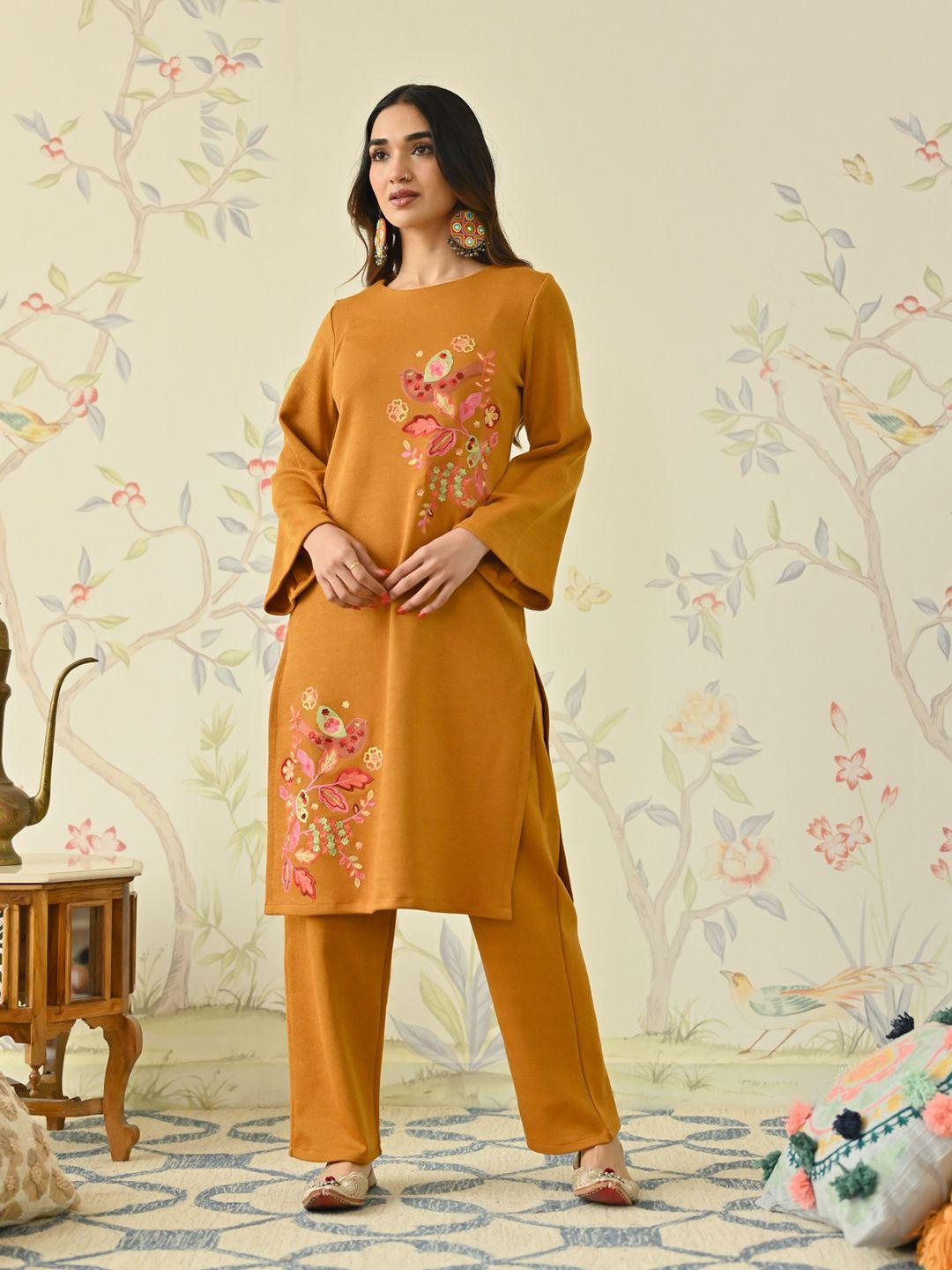 rustorange women mustard yellow floral embroidered regular thread work kurta with trousers