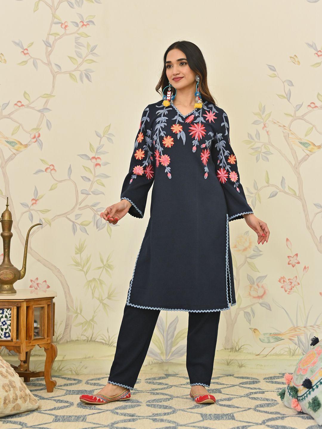 rustorange women navy blue floral embroidered regular thread work kurta with salwar