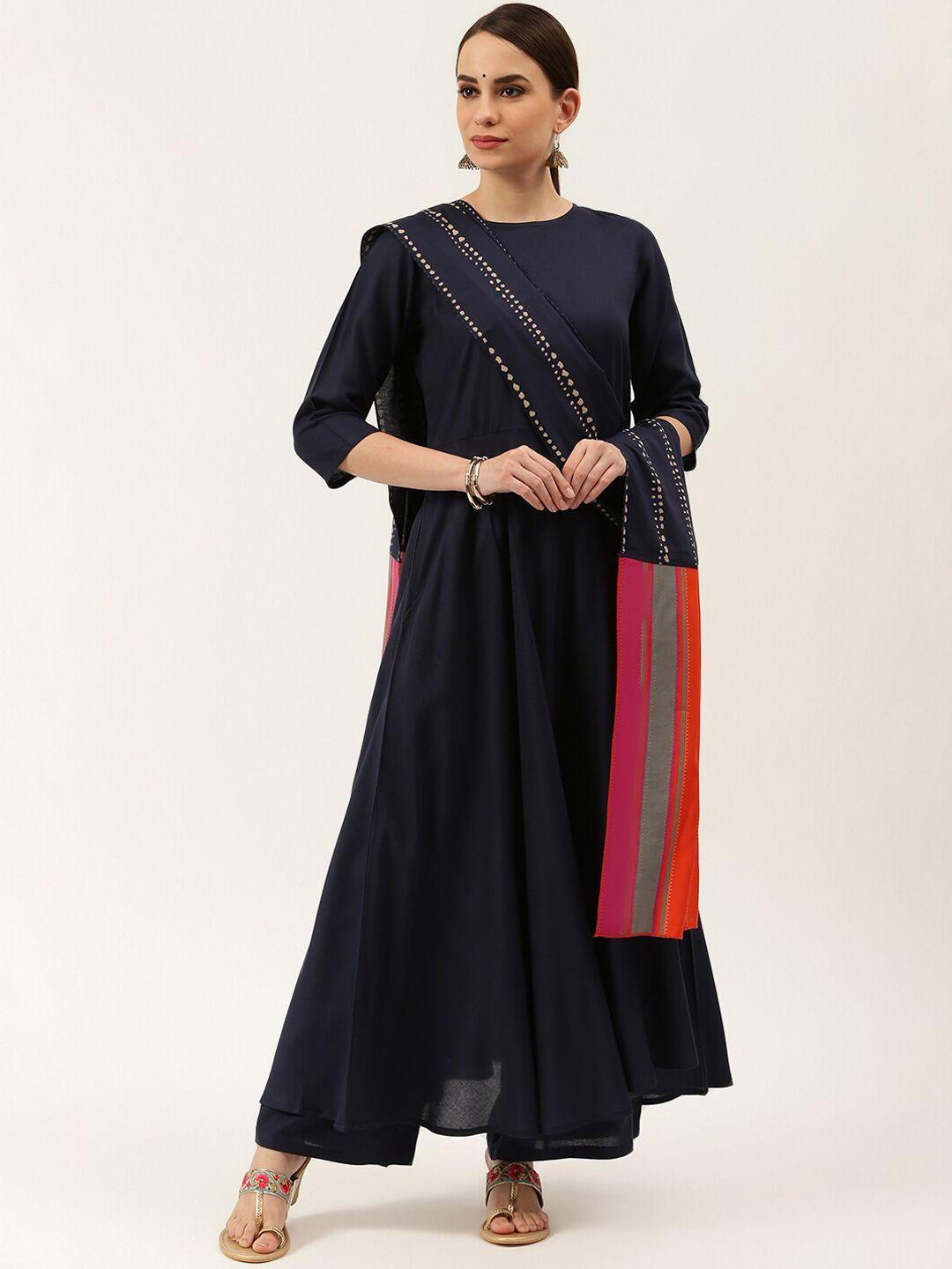 rustorange women navy blue solid anarkali kurta with palazzo & dupatta