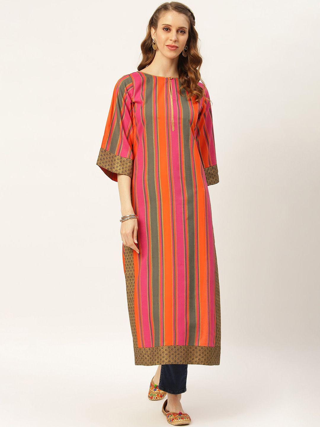 rustorange women pink & green striped keyhole neck flared sleeves a-line kurta