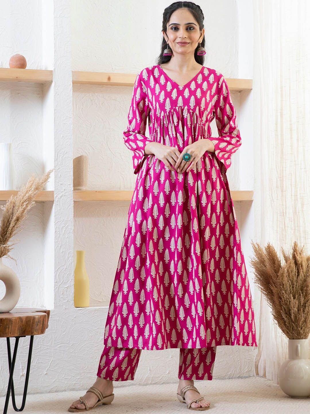 rustorange women pink floral printed kurta with trousers