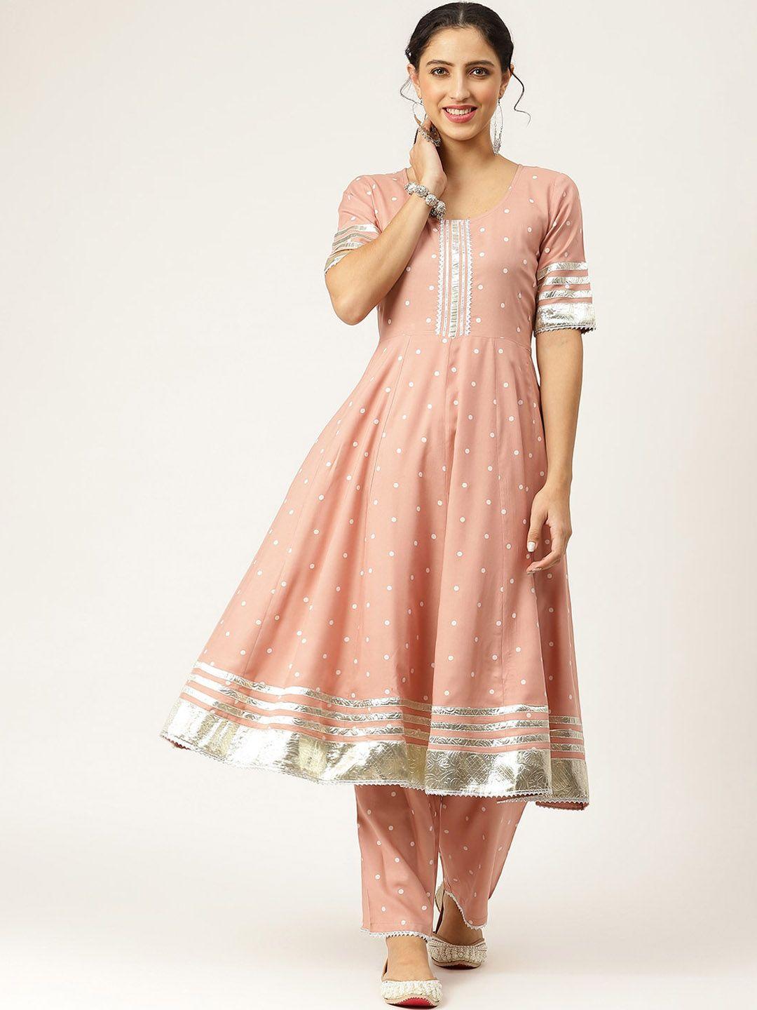 rustorange women pink printed gotta patti kurta with trousers