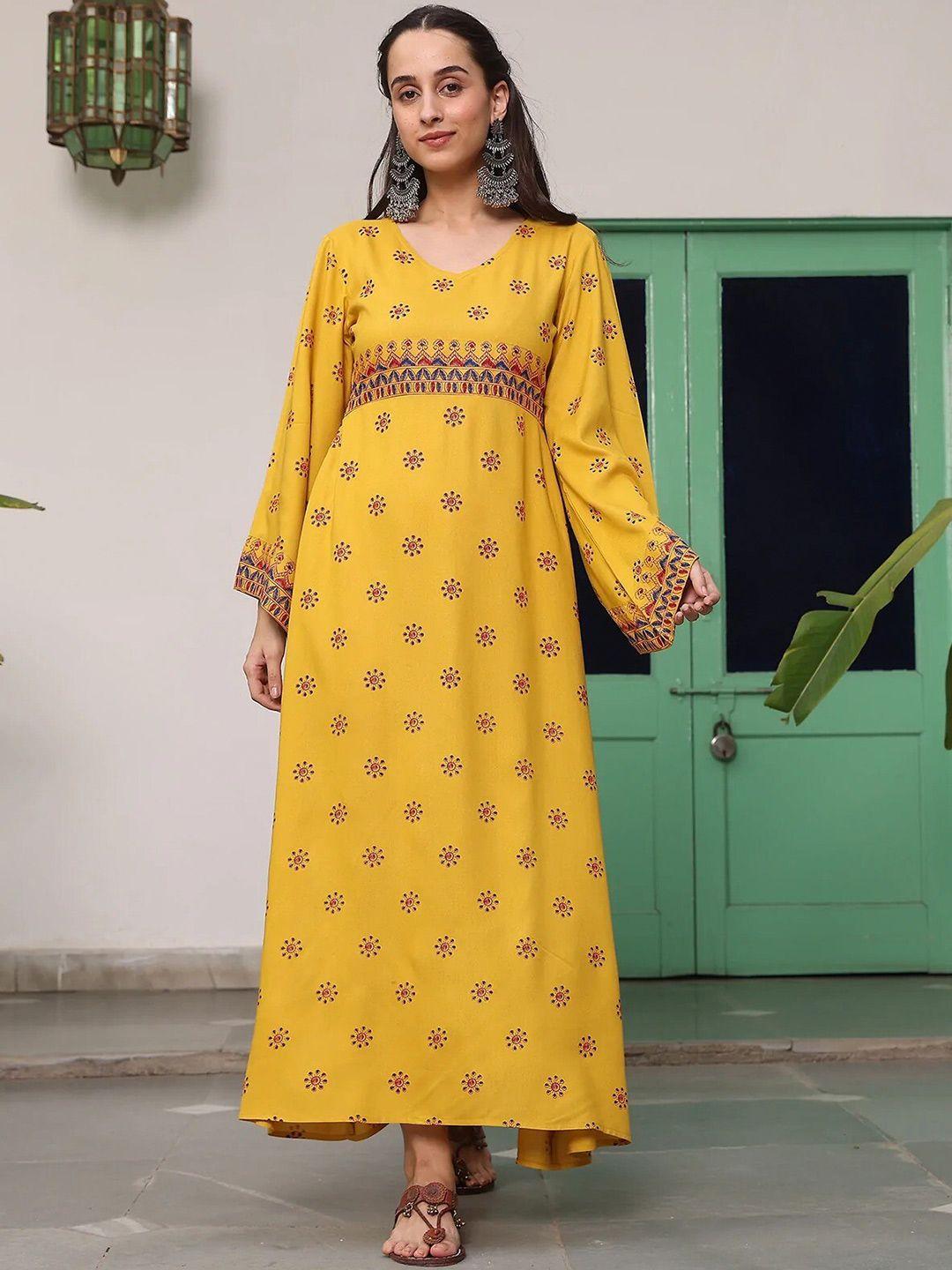 rustorange yellow ethnic motifs maxi dress