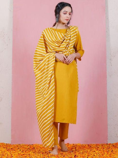 rustorange yellow kurta set with straight pants & dupatta