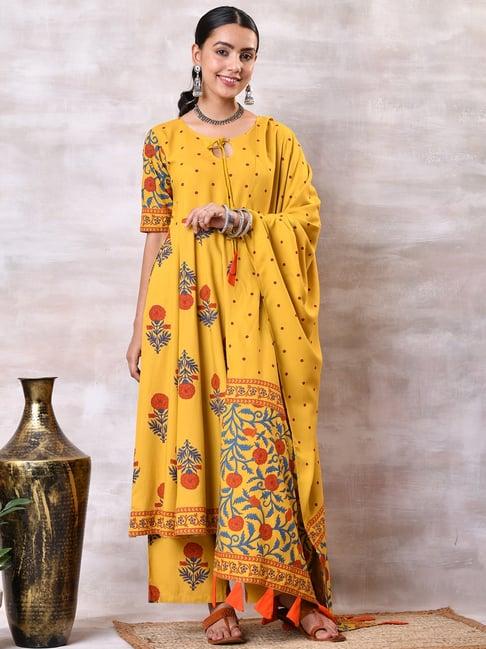 rustorange yellow printed printed kurta palazzo set with dupatta