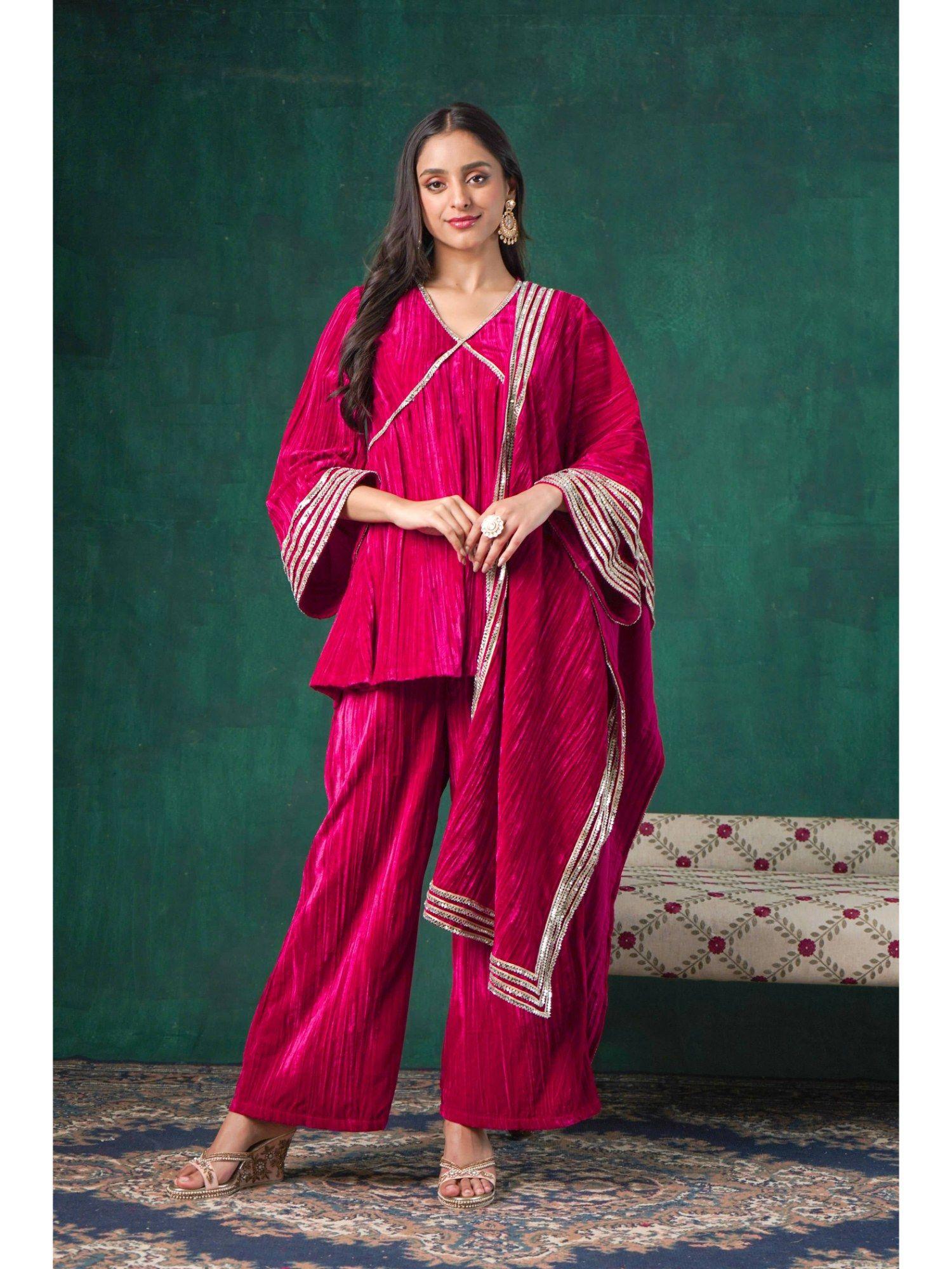 rutba fuchsia pink velvet peplum kurta with pant and dupatta (set of 3)