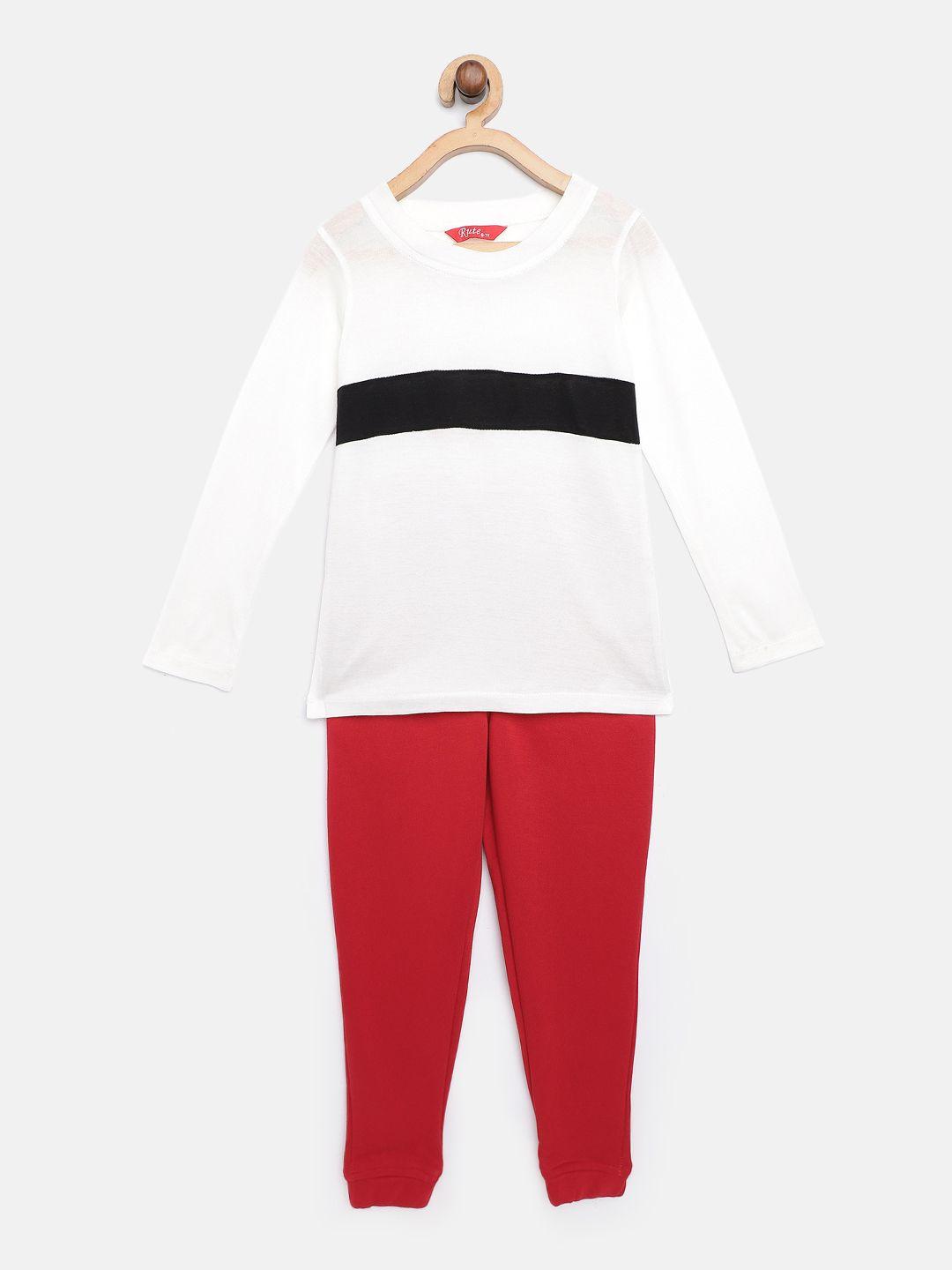 rute boys white & red pure cotton colourblocked detail t-shirt & solid joggers